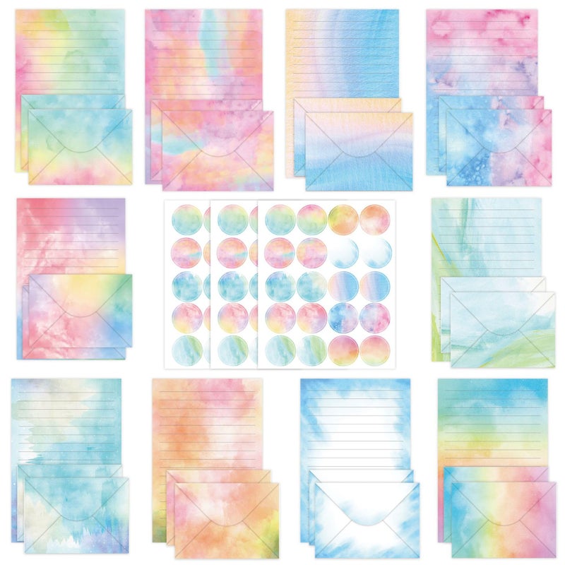 Halloluck 160 Pcs Stationery Writing Paper with Envelopes, 50 Double Sided Stationery Papers with 50 Matching Envelopes and 60 Round Dot Sticker, 10 Unique Designs - Image 1